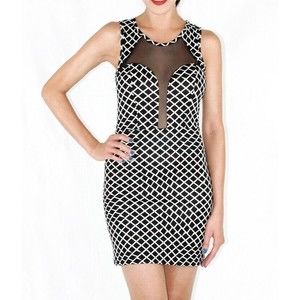 Women's Sheer Dress Size Medium and Large Black and White Mesh Mini Geometric